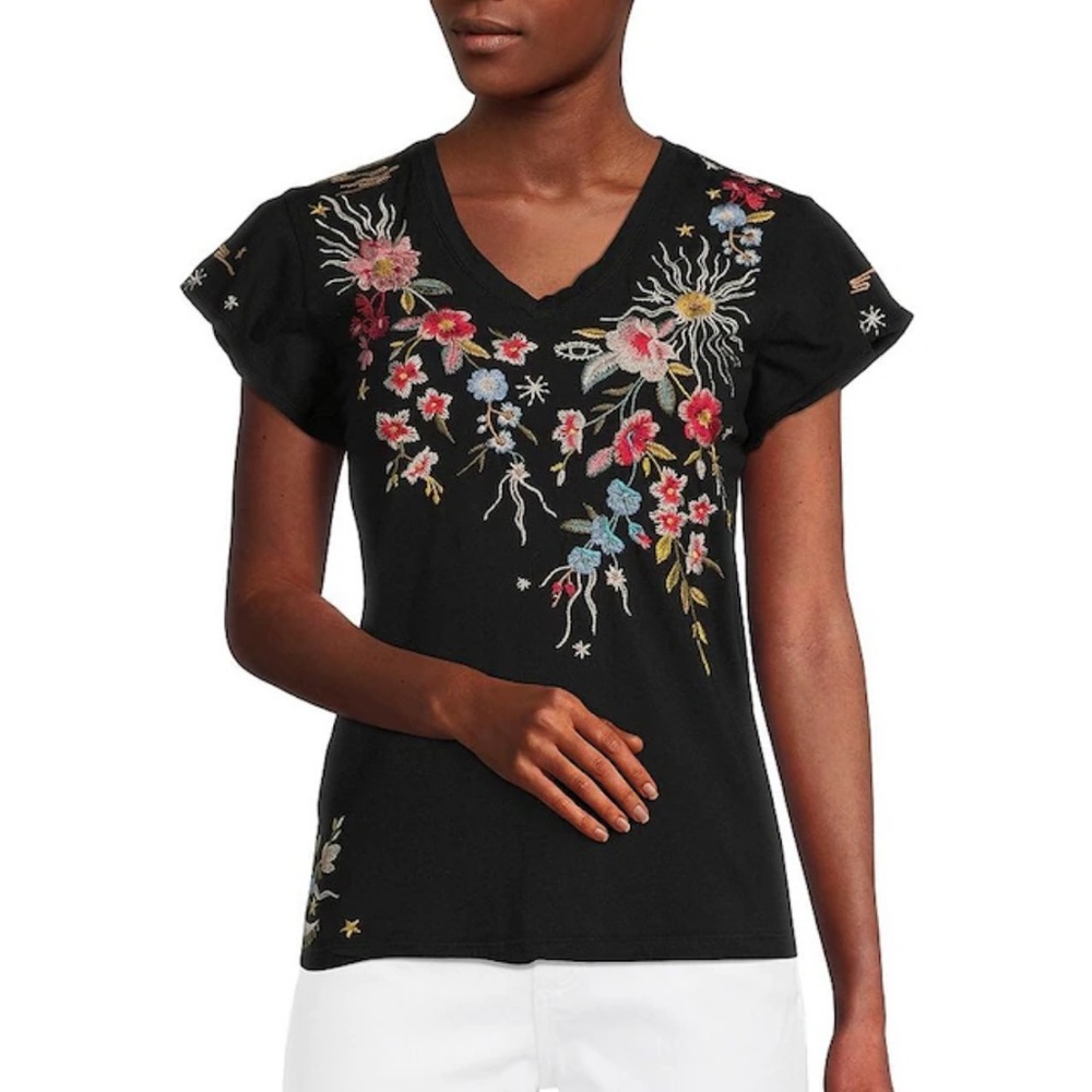 Johnny Was Black V-Neck Lissa Short Sleeve Top with Multicolor Floral Embroidery